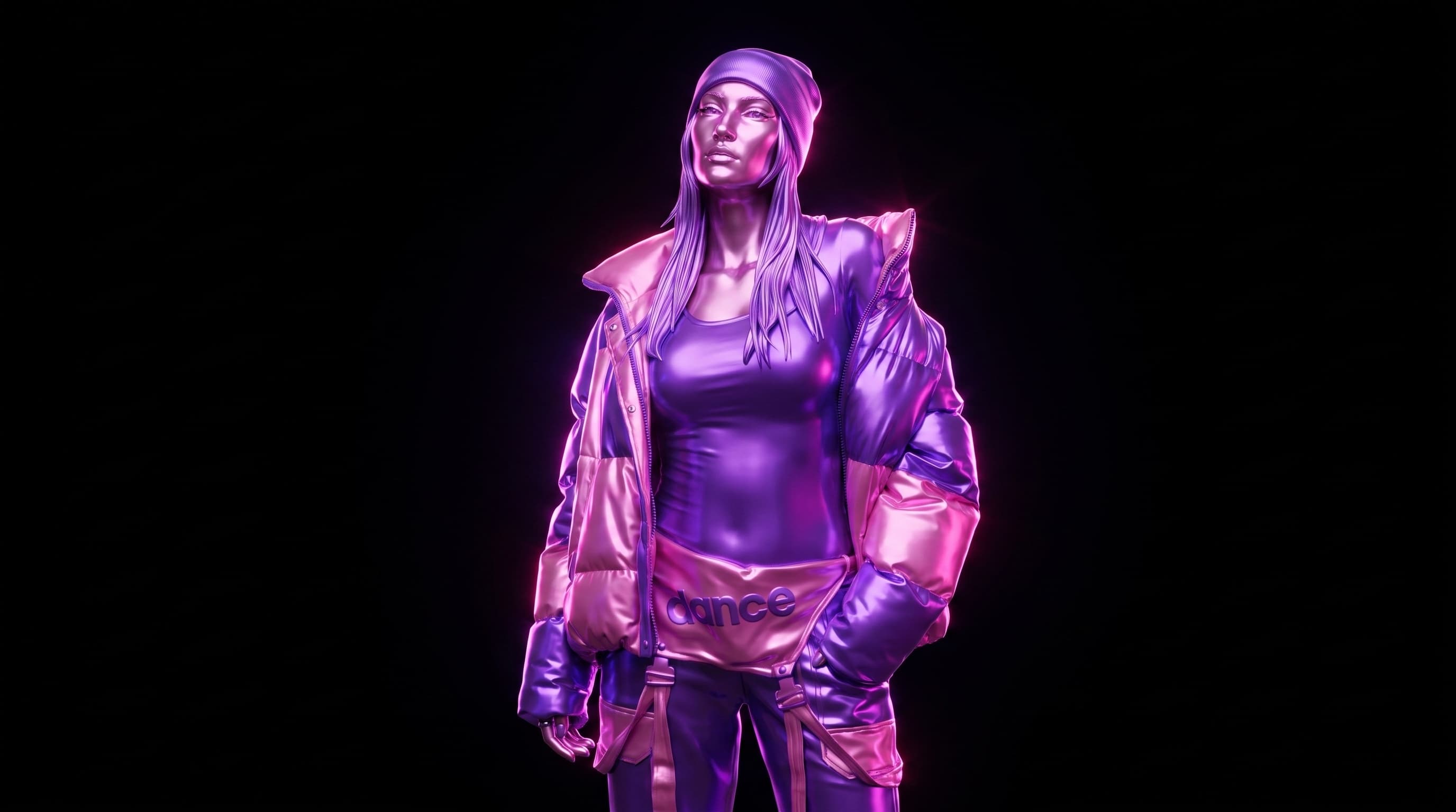 REAVI rendered as a chrome sculpture in purple and pink neon